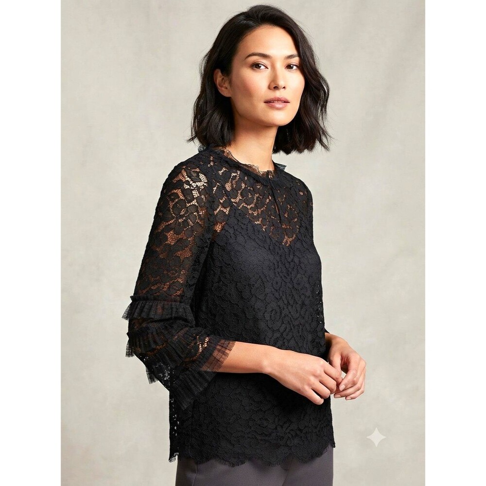 J.CREW Floral Lace Blouse Black With 3/4 Sleeve
